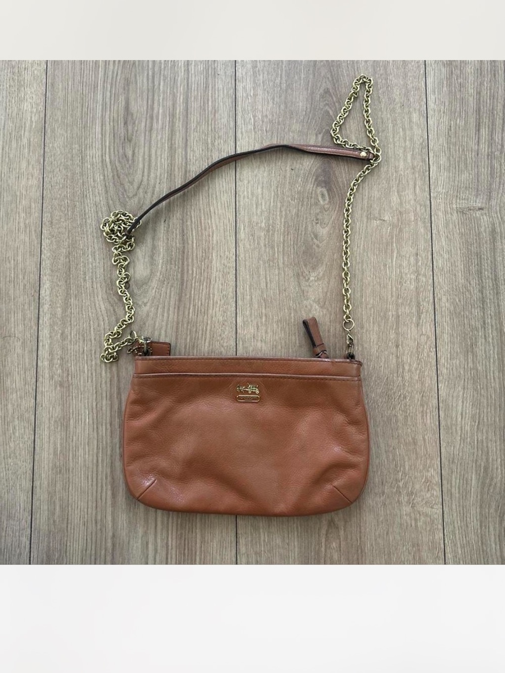 Coach Tan Pebbled Leather Crossbody with Gold Chain Strap